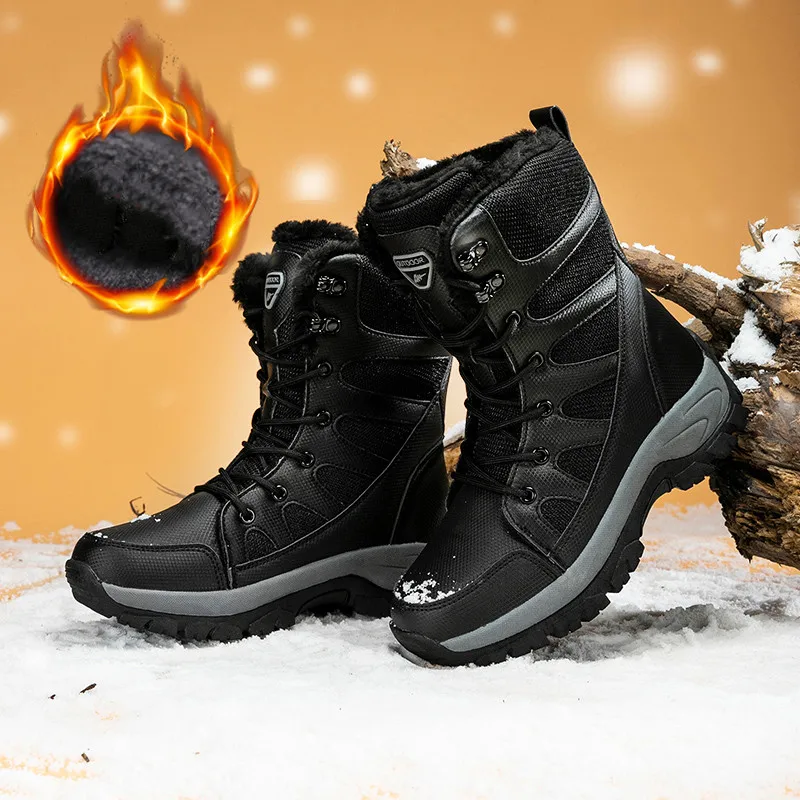 Winter Warm Plush Men Women Hiking Boots Couple Combat Shoes Men Fashion Black Plus Size 46 Leather Snow Boots Women Botas Mujer
