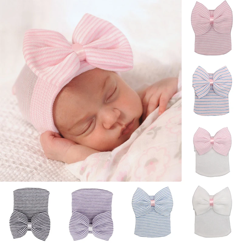 Трикотажная шапка для новорожденных в полоску с большим бантом|Мужская Skullies &
