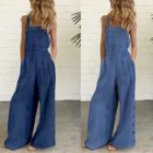 2021 женские комбинезоны без рукавов, джинсовый комбинезон на пуговицах, повседневный однотонный Летний комбинезон с широкими штанинами, женский комбинезон