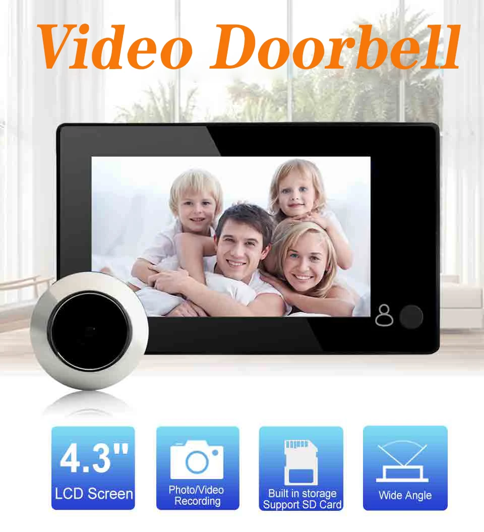 4.3&quot Monitor Video Doorbell Digital Viewer Video-eye Li-battery Powered Door Peephole Camera Photo Record | Безопасность и