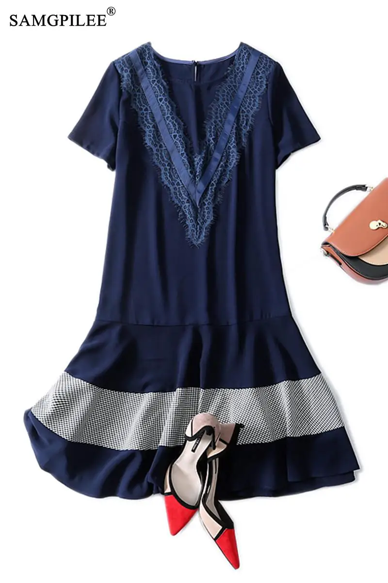 

Floral Dress Women 2021 Korean Knee Length O Neck Lace Patchwork Trumpet Mermaid Summer Short-sleeved Thin Dresses Plus Size 4XL