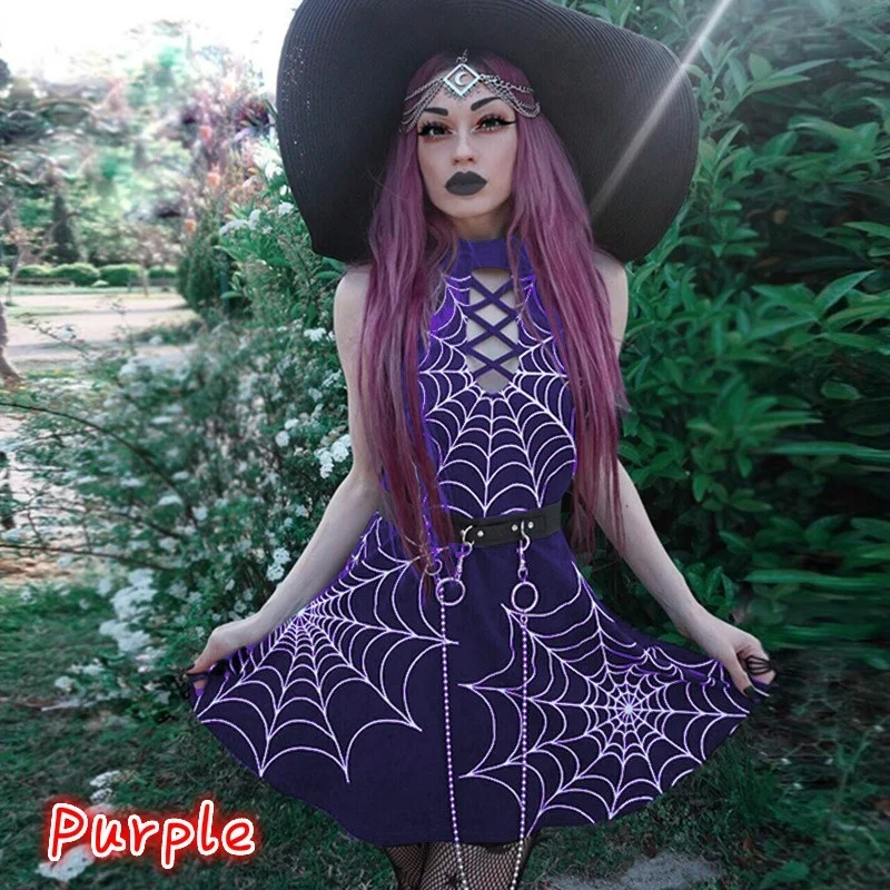 FEECOLOR женское модное короткое платье в готическом стиле с принтом паутины без