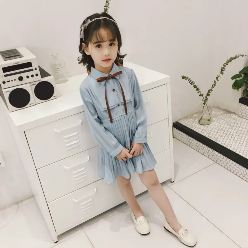 New children's clothing girls temperament pleated spring and autumn new waist long sleeves cute dress in the section | Детская