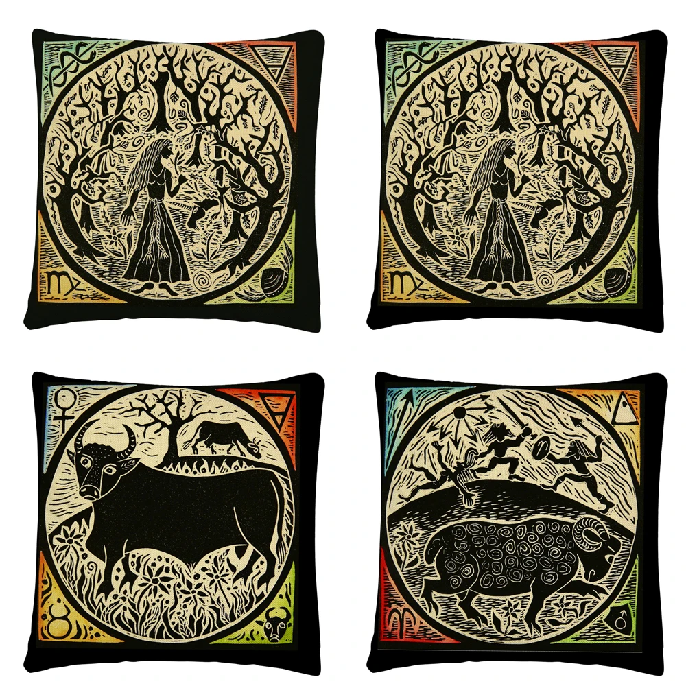 

Retro constellation totem cartoon LOGO Linen Cushion Cover Pillow Case for Home Sofa Car Decor Pillowcase45X45cm