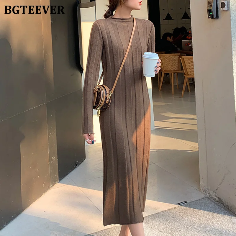 Прямое платье свитер BGTEEVER с воротником хомут женское элегантное Полосатое миди