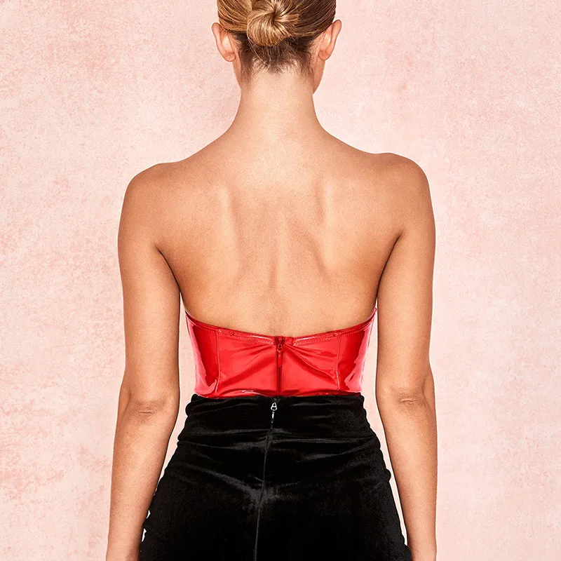 Women Sexy PU Leather Strapless Deep V neck Sleeveless Bodysuit Ladies Stretch Bodysuit Tops Catsuit Skinny Bodysuit Clubwear