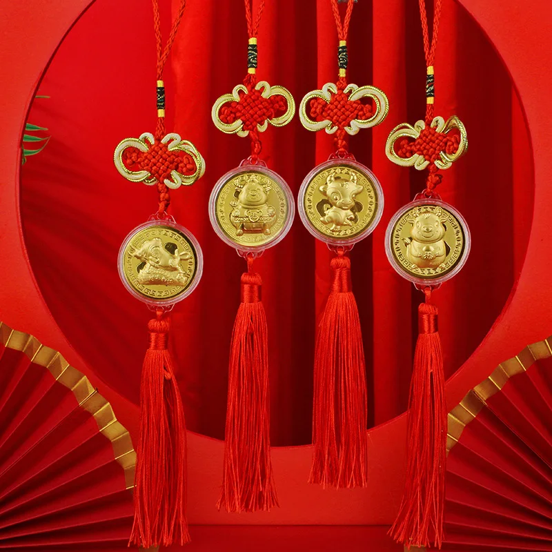 

1PC 2021 New Year Lucky Ox Coin Commemorative Souvenir Coins Tassels Pendant Decoration Art Collectible Gift