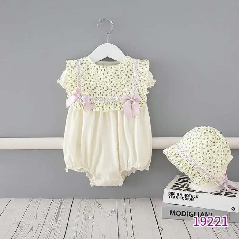 

0-24M Summer New Floral Newborn Girls Bodysuit One-Pieces Baby Jumpsuits Cotton Lace Bow Print Infant Romper With Hat L797