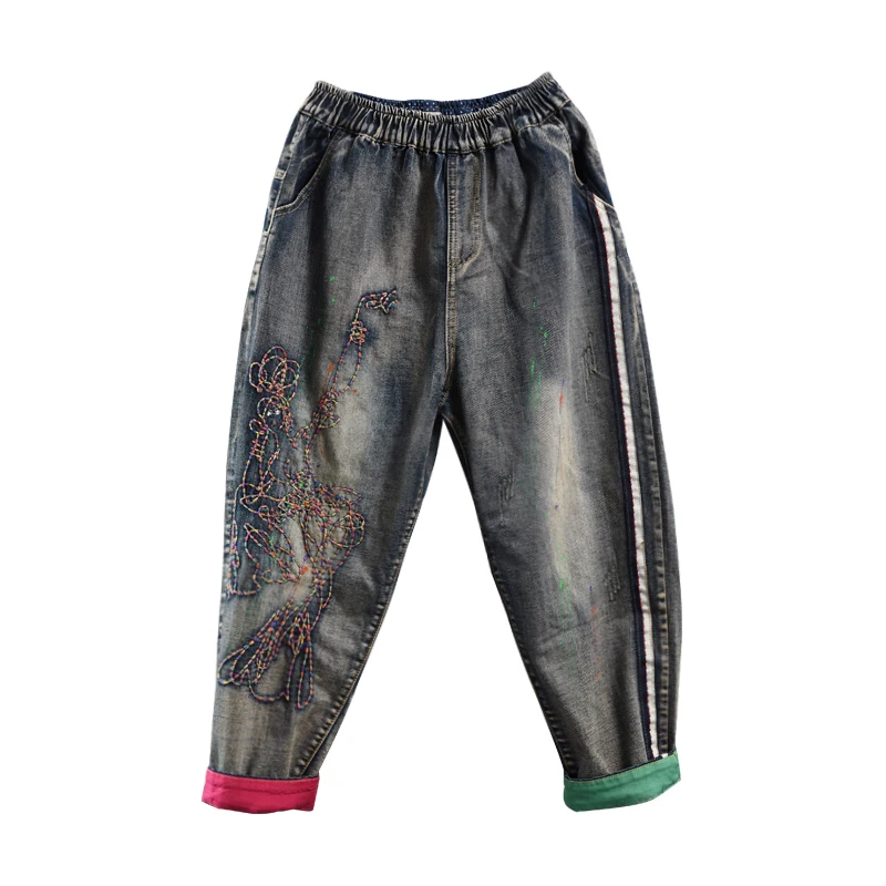 Осенние зимние джинсы женские свободные Ретро повседневные джинсовые брюки 2019