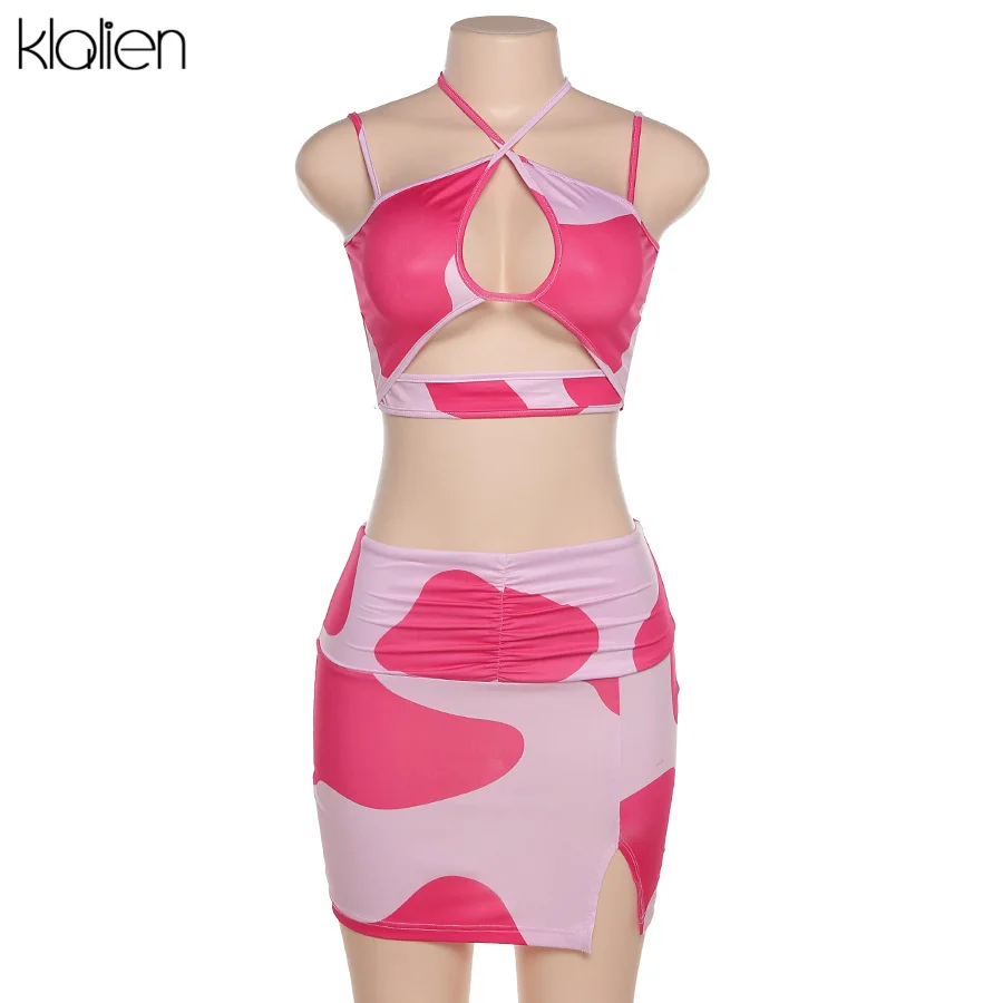 

KLALIEN Fashion Sexy Hollow Out Backless Halter Strap Two Piece Skirt Set For Women Street Clubwear Casual Party Beach Vacation