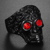 gothic punk mens red crystal eyes black skull ring for women vintage metal biker rings motorcycle band male jewellery gift