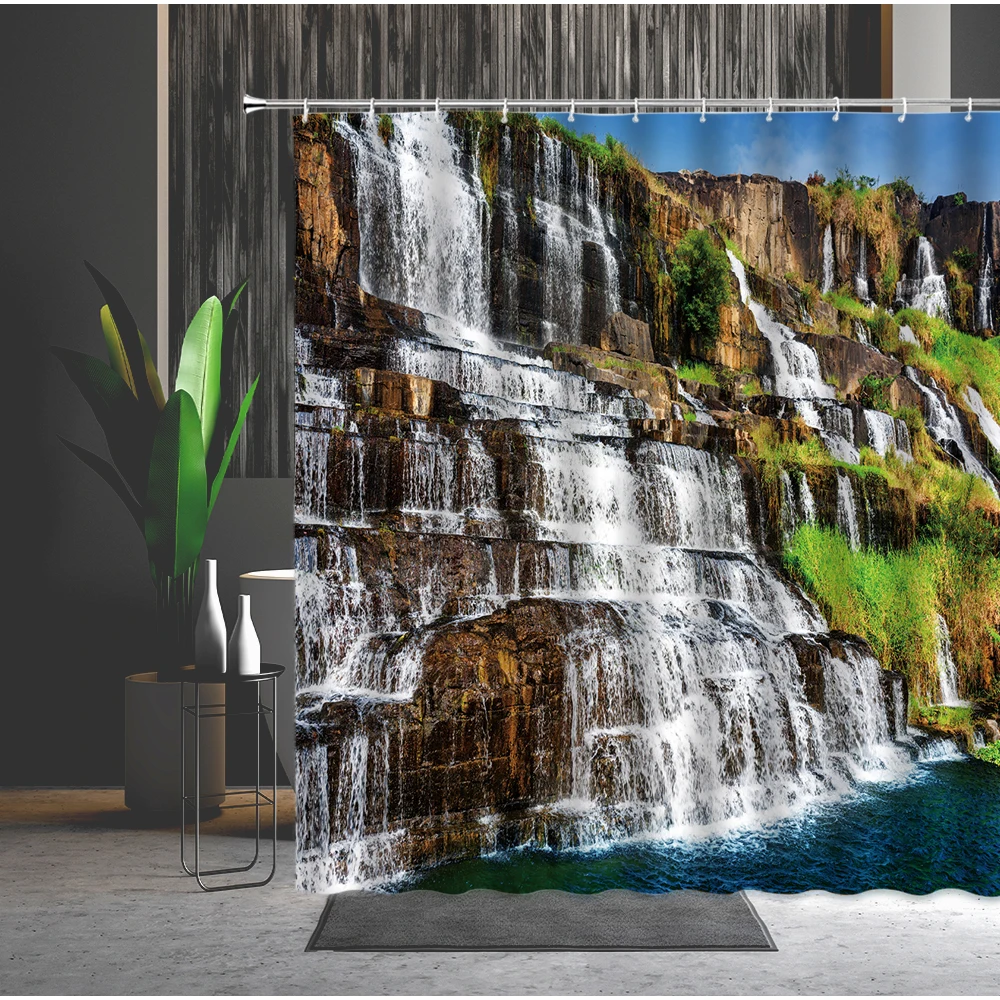 

Waterfall Scenery Shower Curtain Mountain Stone Forest Cliff Tree Plant Home Bathroom Decor Polyester Hanging Cloth Curtains
