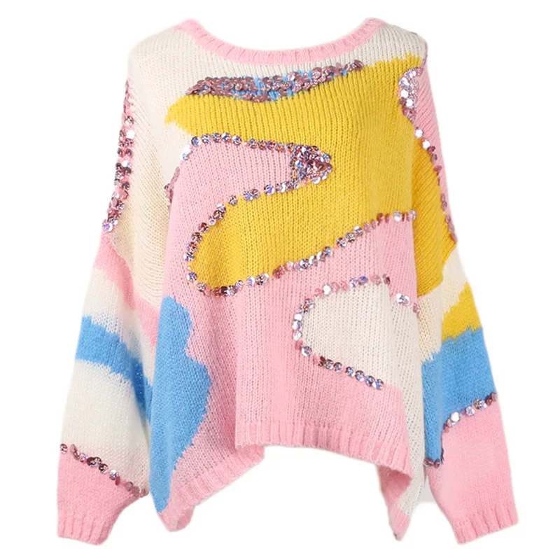 Новинка Осень 2019 Европейская станция тяжелый пуловер с блестками и круглым