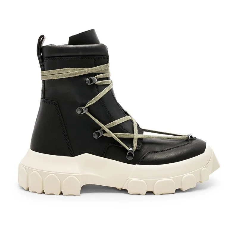 Мужские высокие ботинки из натуральной кожи черные кроссовки на платформе со