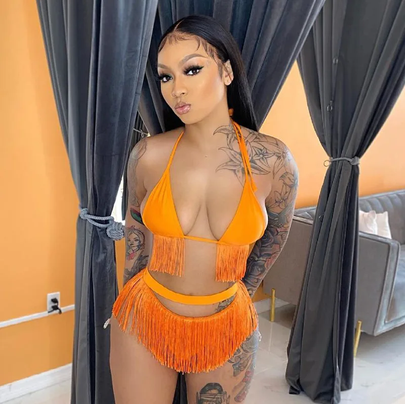 

Summer Solid Color Sexy Backless Fringe Hanging Neck Bikini Set High Waist Shorts Two Piece Set Tassel Bikini Set Beach Style