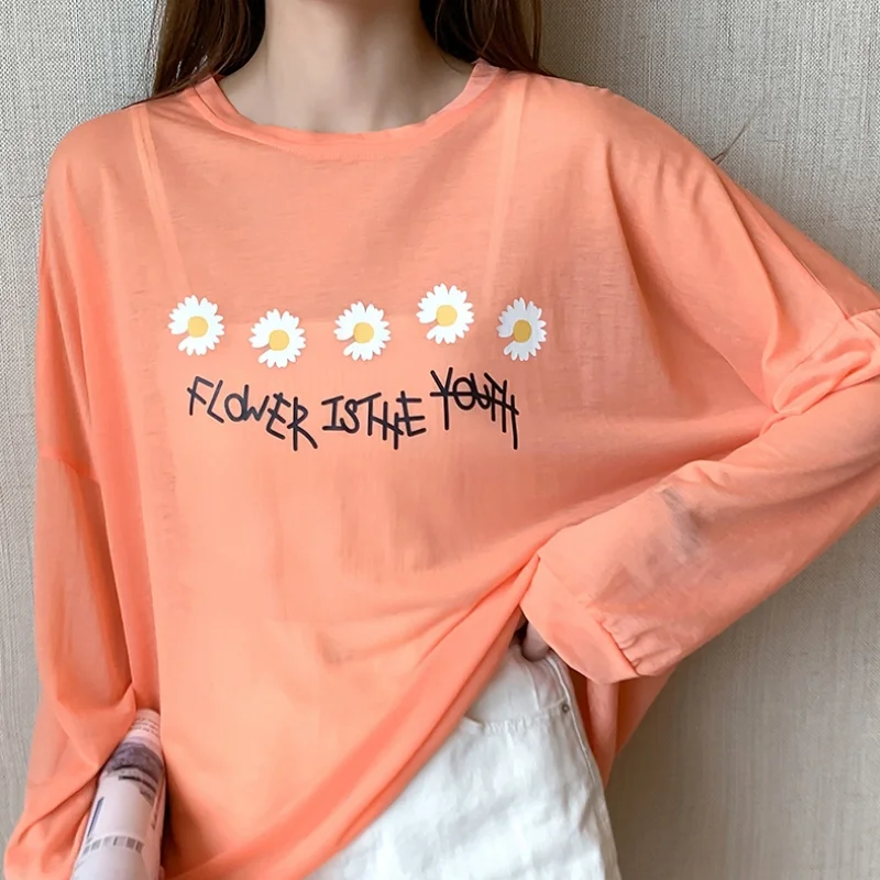 

Korean Fashion Summer Print Daisy Flower Long Sleeve T Shirt Women Loose Streetwear Sun Protection Mesh Blouse Tshirt Women 2021