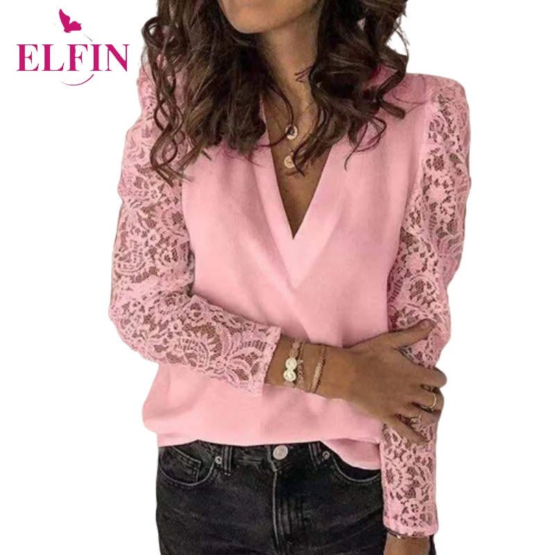 

New Lace Patchwork Women V Neck Casual Elegant Long Sleeve Tops And Blouses Ladies Plus Size Harajuku Korean Shirt 2021 SJ5690R