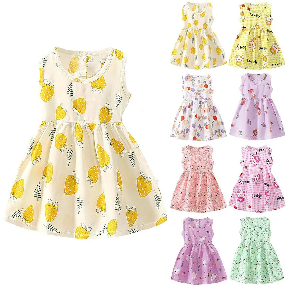 

Summer Sleeveless Dress Kids Girls Cute Printed A-line Sundress Holiday Casual Swing Dresses