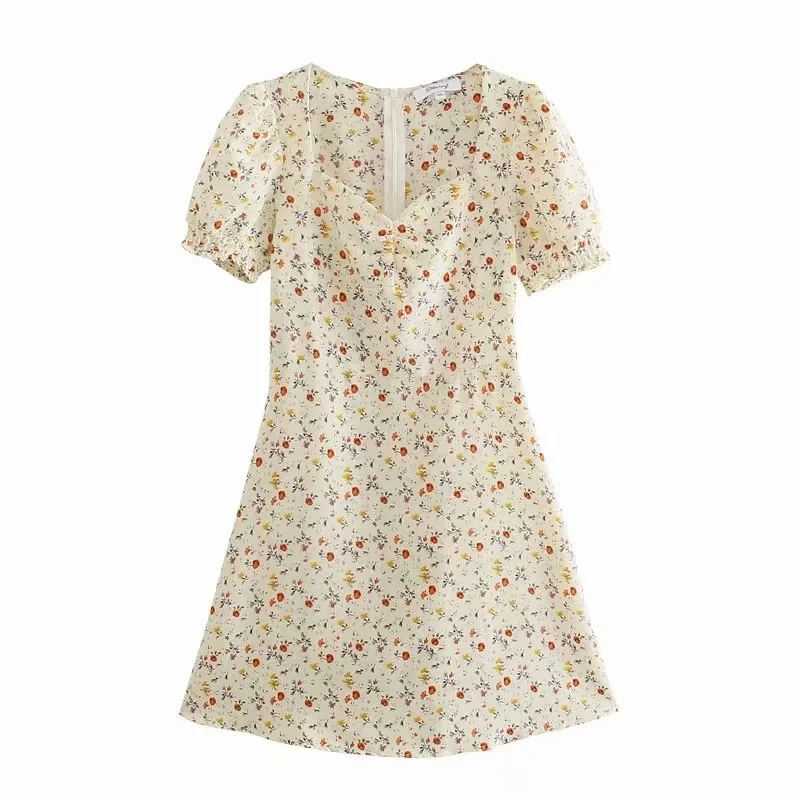 

Summer holiday Printed floral tunic Dress v neck puff sleeve Mini Dresses small fresh sweet Slim A-Line Flower Vestidos 2021