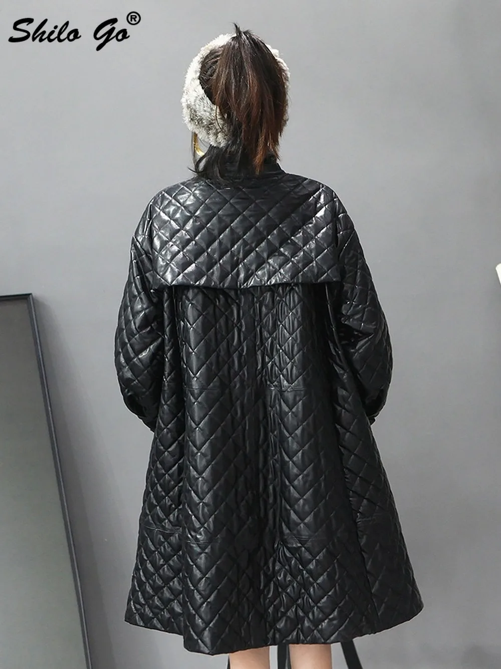 

Elegant Stand Collar Buttons Front Puff Sleeve Thermal Padded Long Coat Women Winter Plus Genuine Leather Coat Sheepskin Outwear