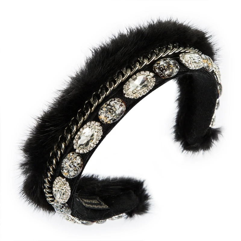

Women Winter Furry Plush Headband Baroque Luxurious Fluffy Prom Hair Hoop Shiny Faux Crystal Metal Chain Jewelry Bandana