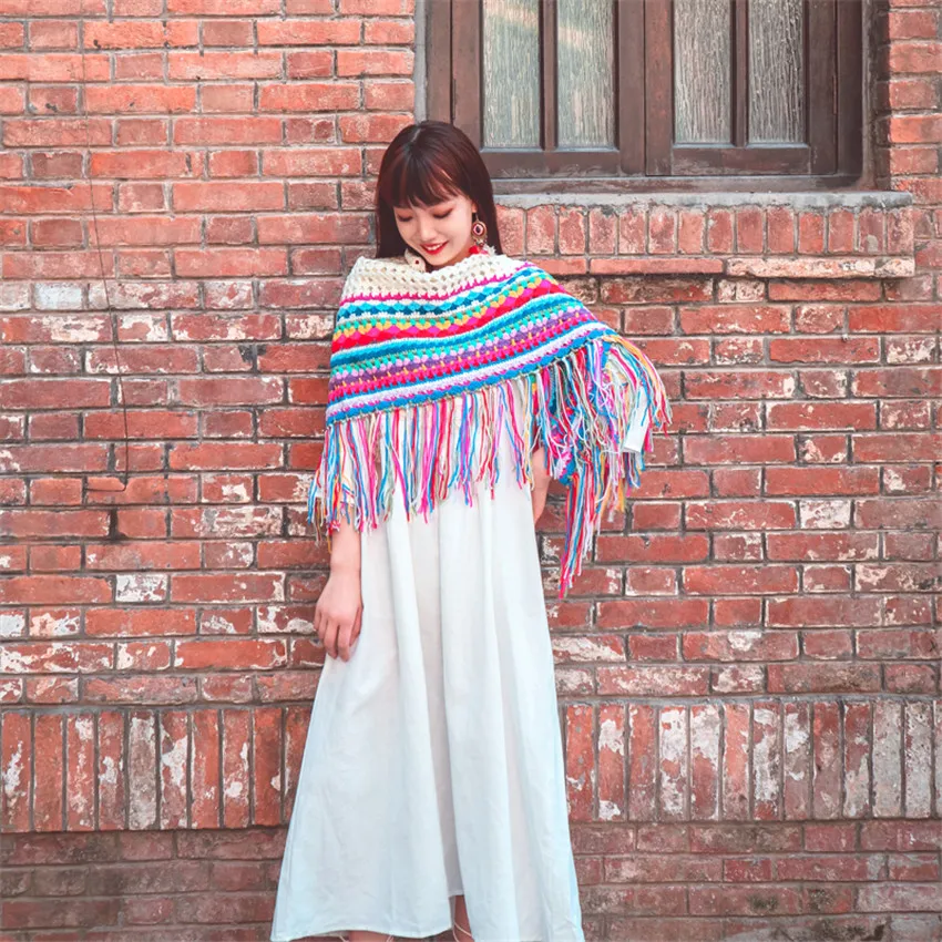 Boho Ethnic Style Handmade Crochet Scarf Shawl Tassel Women Colorful Rainbow Striped Knitted Pashmina Designer Poncho |