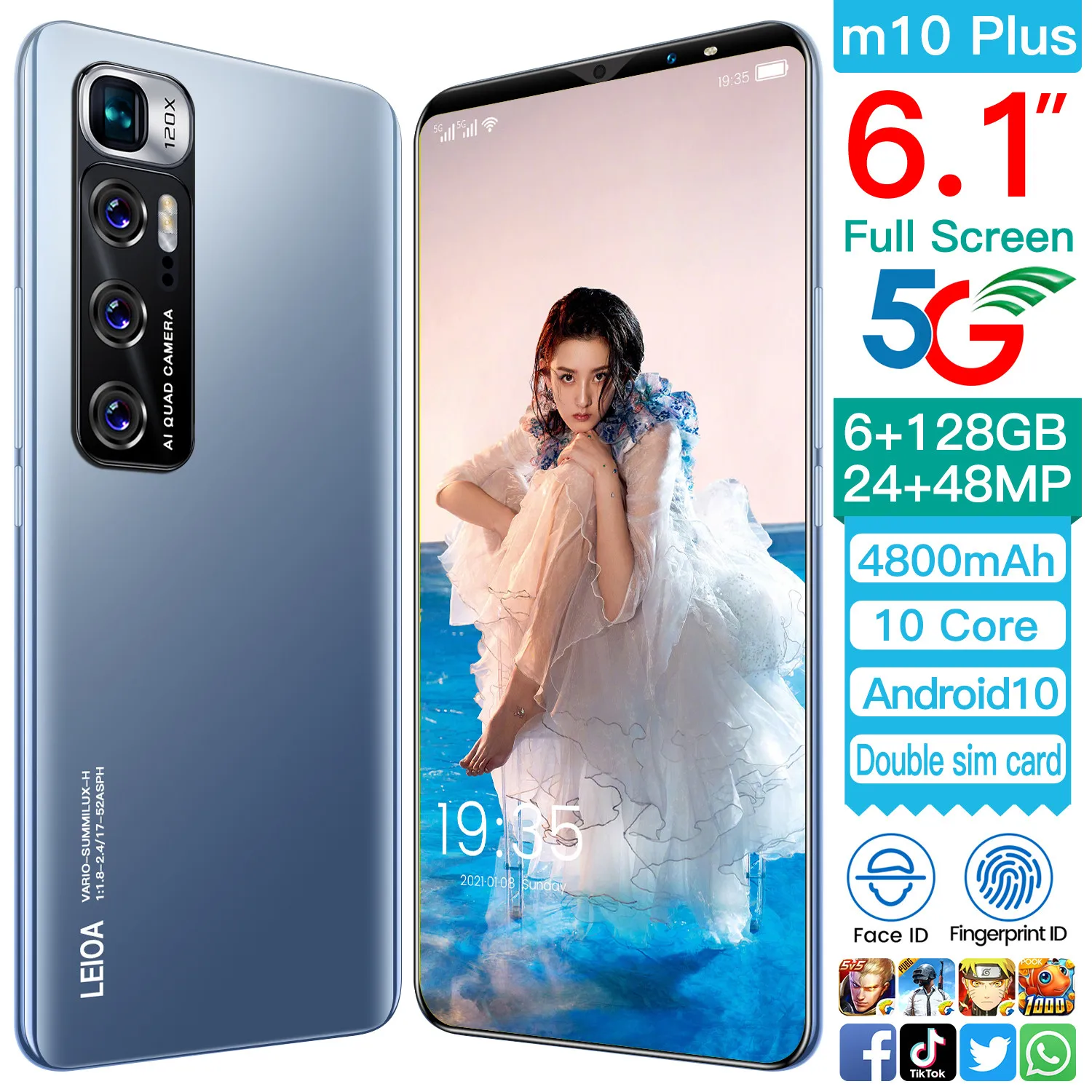 

Global Version 2021 XiaoM10 Plus 6.1 Inch Screen 10 Core Smartphone 5G LTE Mobilephone 24+48MP 8+128GB Cellphone Unlock 4800mAh
