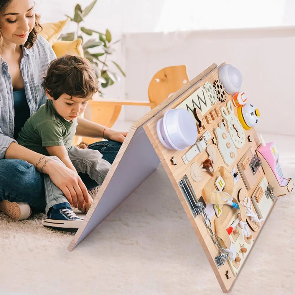 Tablero de madera Montessori para aprendizaje, tablero de madera de colores, bloqueo de hebilla, habilidades b&aacute;sicas para la vida, decoraci&oacute;n del hogar-1