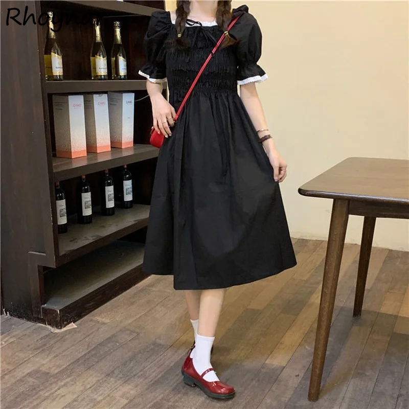 

Short Sleeve Dress Women Mid-calf Folds Patchwork Korean Style Summer Casual Clothing All-match Kawaii Girlish A-line Retro Ins
