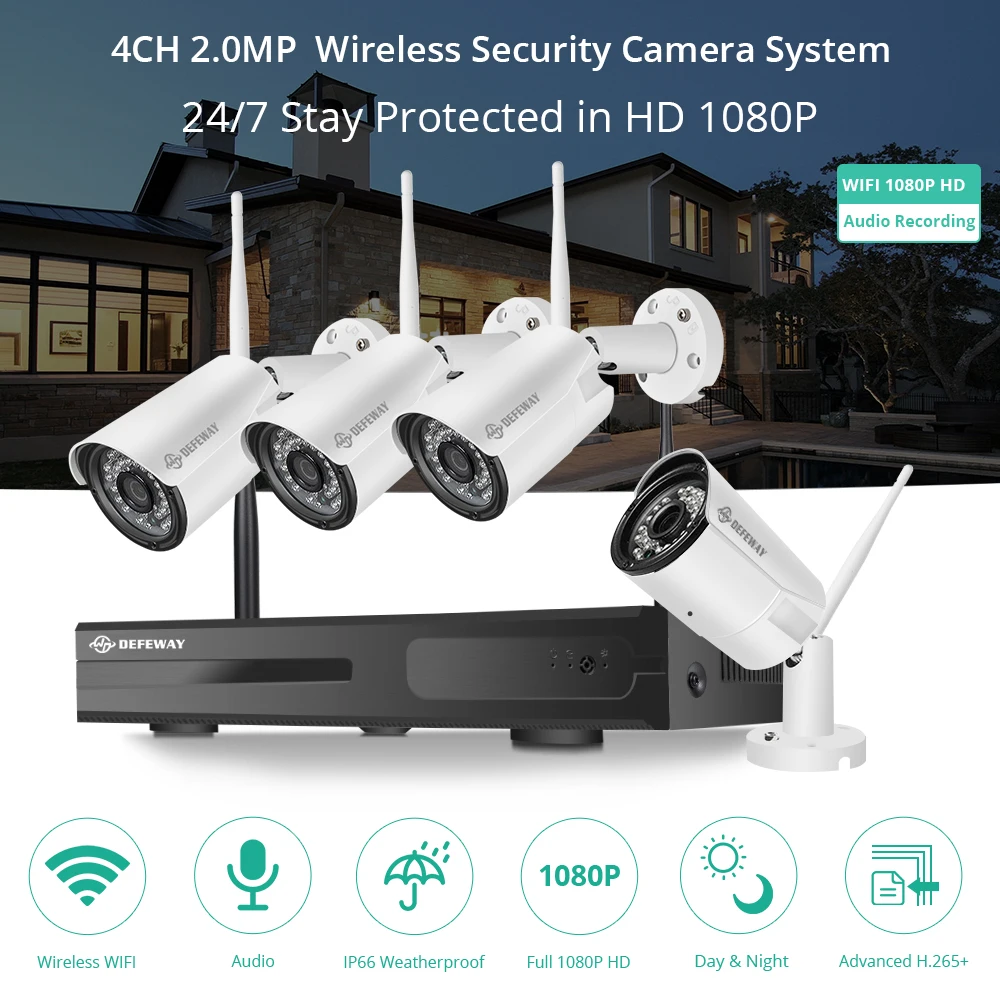 DEFEWAY беспроводная wifi камера с аудио 4CH 1080P HD NVR H.265+ домашний комплект видеонаблюдения 2.0MP 4 шт. wifi камера s без HDD