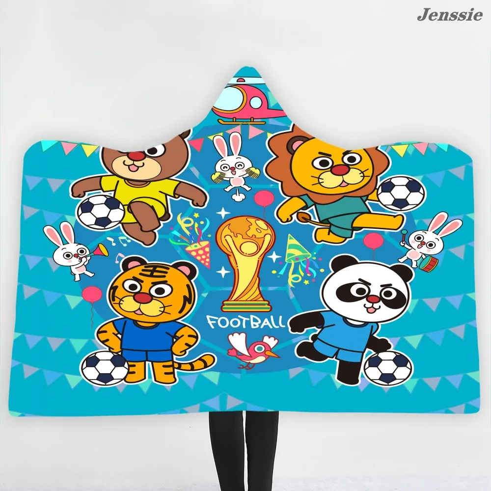 

Cartoon Animal Lion Tiger Panda Playing Football Print Hooded Blanket Luxury Hoodie Blanket For Kids Boys Travel Wearable Blanke