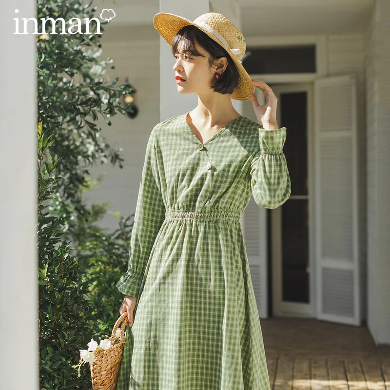INMAN весна 2020 Новое поступление платье в клетку трапециевидной формы с длинным
