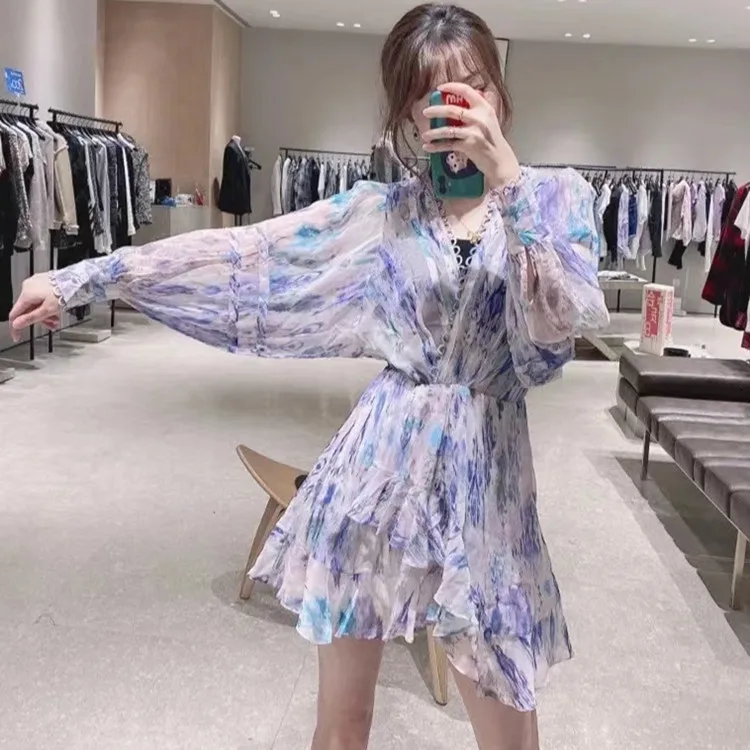 

2021 Spring Summer Women Mini Dress Long Lantern Sleeve V-Neck Ruffles Tirm Ladies Short Dresses Robes Female Outfit