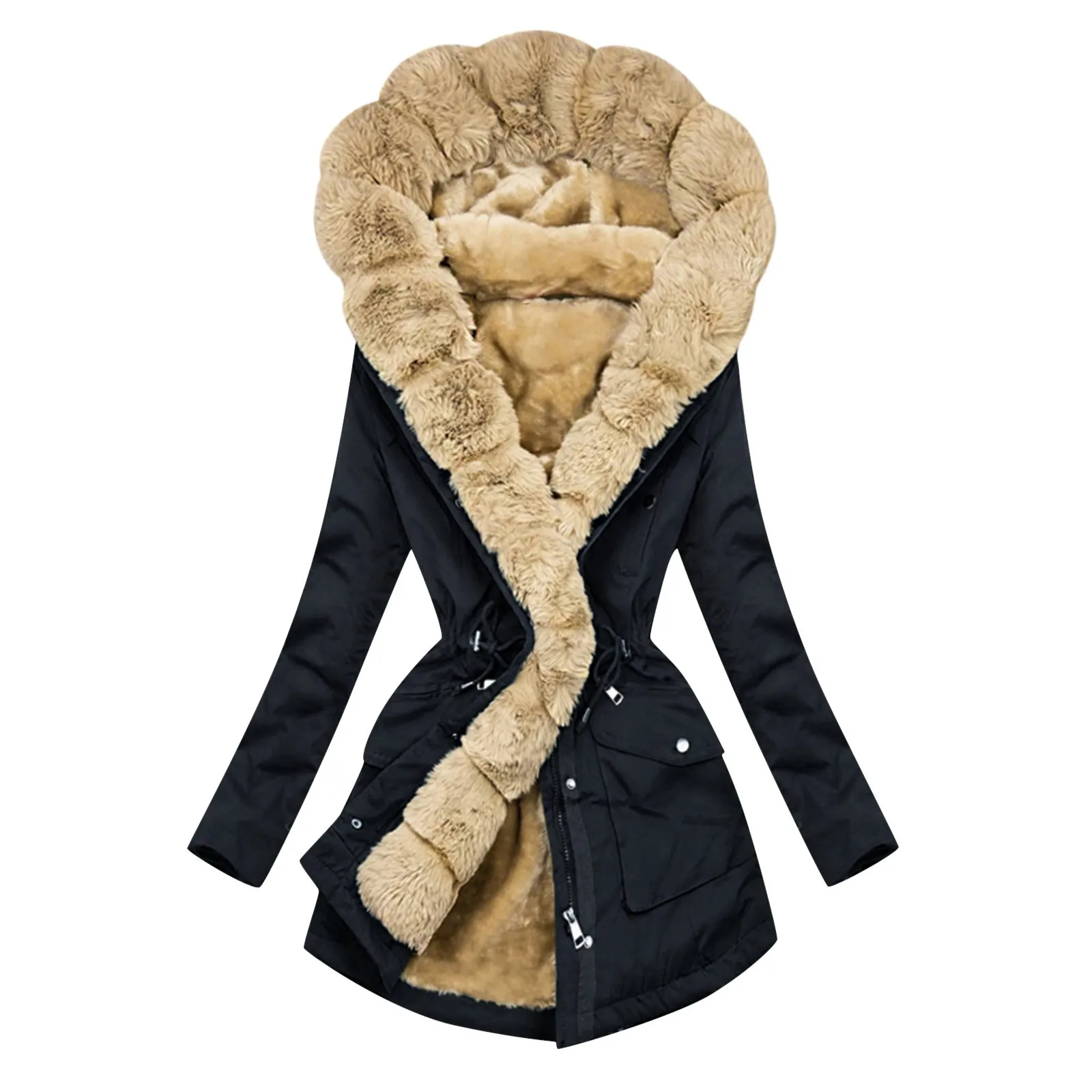 

Nice Elegant Syle Hooded Coat For Women Winter Warm Cotton Jacket Ladies Solid Color Slim Waist Plush Clothes Abrigo Mujer