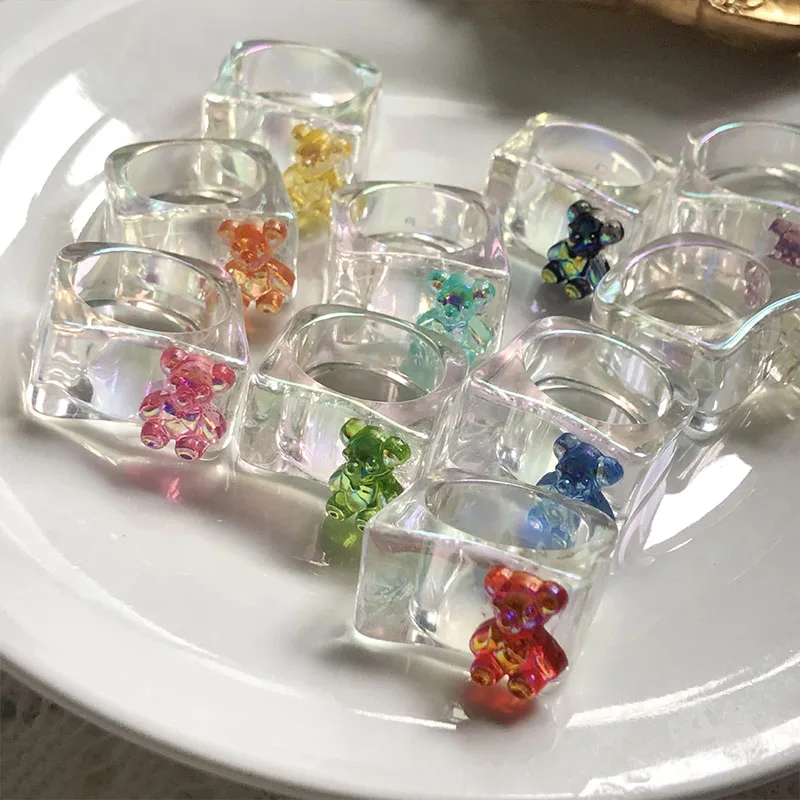 

New Fashion Korean Cute Shining Transparent Geometric Resin Acrylic Colorful Bear Animal Ring For Women Girls Party Jewelry