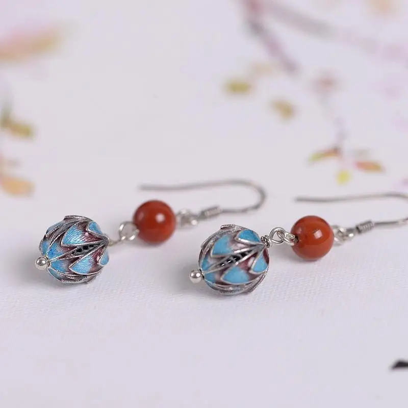 

New Silver Natural Hetian Chalcedony enamel color burnt blue plant craft Earrings Chinese classical women's brand jewelry