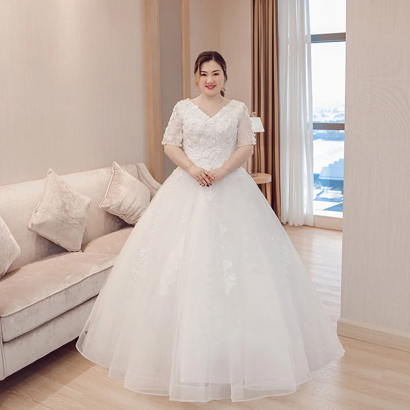 

New Wedding Dress Deep V-neck Half Sleeves Cheap Princess Ball Gowns White Appliqeus Elegant Lace Up Long wedding dresses B005