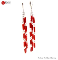 qingmos fashion natural red coral earring for women with 39mm thick slice coral 4 strands dangle earring 3 hoop jewelry b748