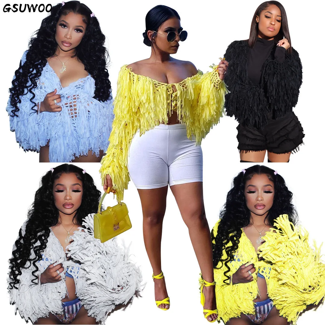 

GSUWOO Women Fashion Fringed Cardigan Hook Flower Hollow Jacket Autumn Winter Long Sleeve Female Knitted Loose Wool Cardigans