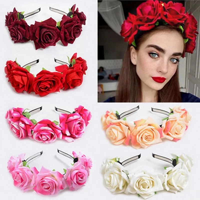 

2021 New Women Floral Rose Flower Headdress Hair Hoop Headband Velvet Handmade Bride Wreath Garland Wedding Headwear