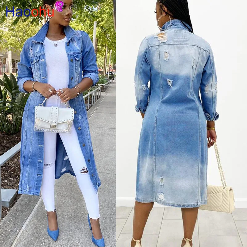 HAOOHU Casual Jacket Women 2020 Casual Long Sleeve Denim Jacket Long Jean coats and jacket women Outwear Overcoat Mujer