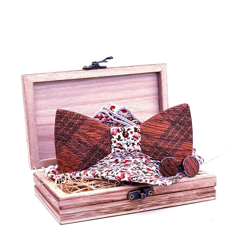 

Linbaiway Adult Mens Wooden Bow Ties Wedding Suit Handkerchief Bowtie Cufflinks with Box Business Handmde Wood Bowties Gravatas