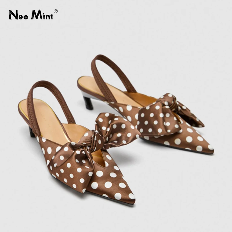 Женские босоножки в горошек без задника на высоком каблуке с бантом котенком и
