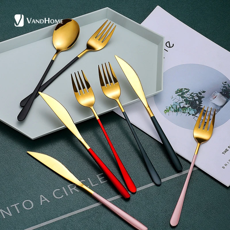 VandHome красочные черные столовые приборы набор посуды из нержавеющей стали нож