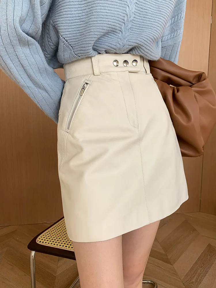 Новинка Весна 2021 черно-белая юбка А-силуэта из овечьей кожи с косыми карманами