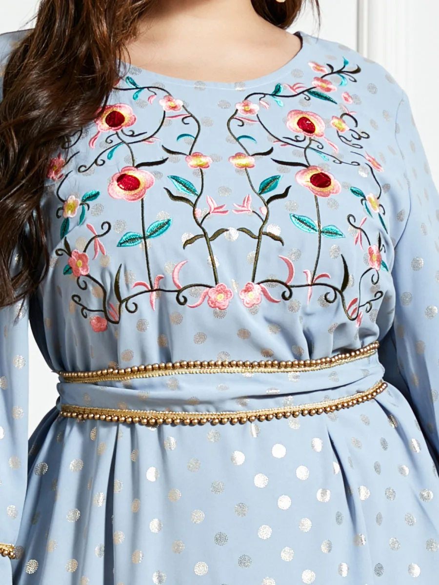 

Indie Folk Embroidery Maxi Dress for Women 2021 New Polka Dot Gold Stamp Beaded Flare Long Sleeve Muslim Arabic Clothes
