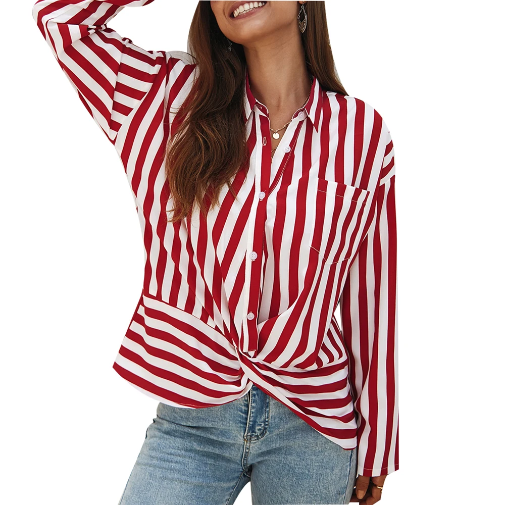 

Women's Fashion V Neck Striped Button Down Long Sleeve Chiffon Shirt Loose Casual Size S-XL Simple Monden Hot