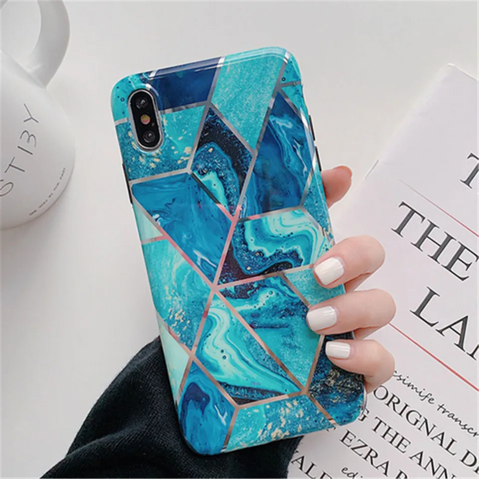 Marble Geometric Textured Phone Cases for iPhone XR XS Max 6 6S 7 8 Plus X Soft IMD Electroplated Back Cover Coque Gift |