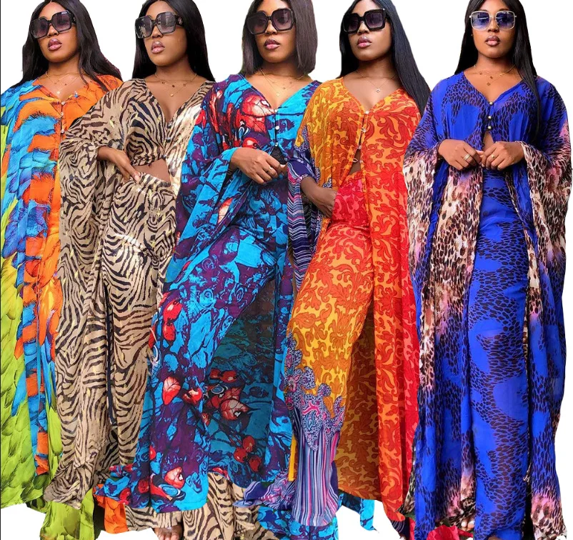 

Новая модная классическая дизайнерская африканская Дашики женская одежда абайя шифоновая ткань с принтом свободное платье + брюки 2 шт. для ...