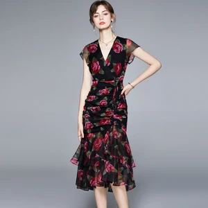 ZUOMAN Women Summer Elegant Floral Dress Festa High Quality Long Cocktail Party Robe Femme Vintage Designer Trumpet Vestidos